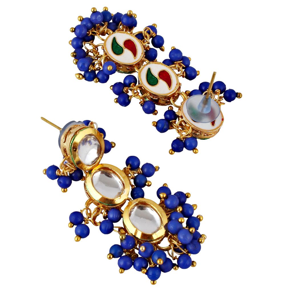 Lucky Jewellery Traditional Back Meenkari Gold Plated uncut kundan Blue Earrings (219-J5EK-1811-B)