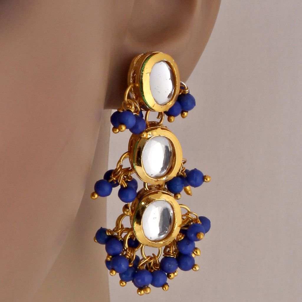 Lucky Jewellery Traditional Back Meenkari Gold Plated uncut kundan Blue Earrings (219-J5EK-1811-B)