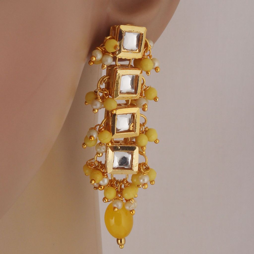 Lucky Jewellery Traditional Back Meenkari Gold Plated uncut kundan Yellow Earrings (195-J5EK-1664-Y)