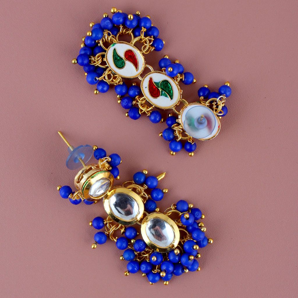 Lucky Jewellery Traditional Back Meenkari Gold Plated uncut kundan Blue Earrings (219-J5EK-1811-B)