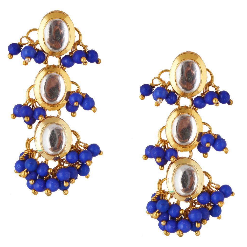 Lucky Jewellery Traditional Back Meenkari Gold Plated uncut kundan Blue Earrings (219-J5EK-1811-B)