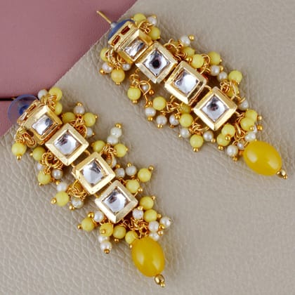 Lucky Jewellery Traditional Back Meenkari Gold Plated uncut kundan Yellow Earrings (195-J5EK-1664-Y)