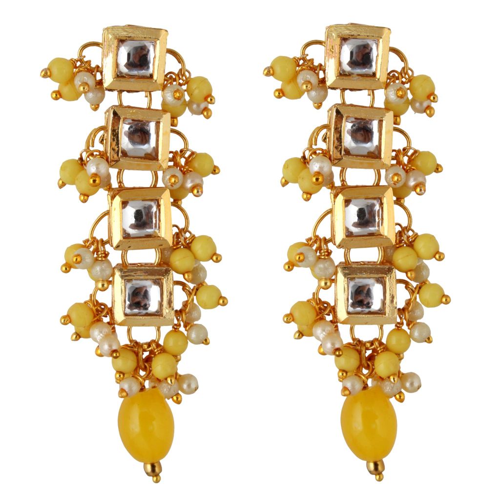 Lucky Jewellery Traditional Back Meenkari Gold Plated uncut kundan Yellow Earrings (195-J5EK-1664-Y)