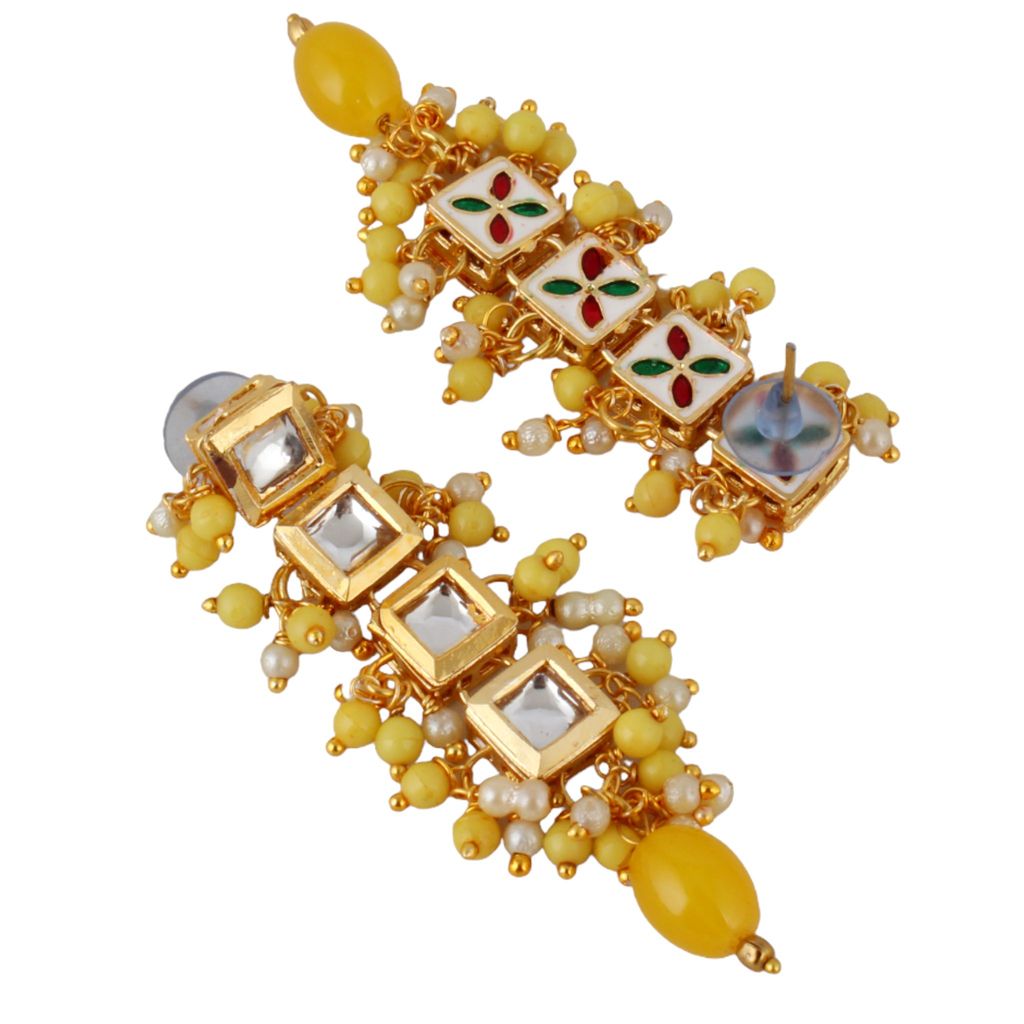 Lucky Jewellery Traditional Back Meenkari Gold Plated uncut kundan Yellow Earrings (195-J5EK-1664-Y)