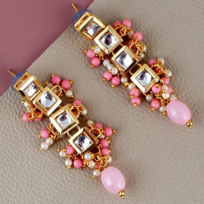 Lucky Jewellery Traditional Back Meenkari Gold Plated uncut kundan Pink Earrings (195-J5EK-1664-PK)