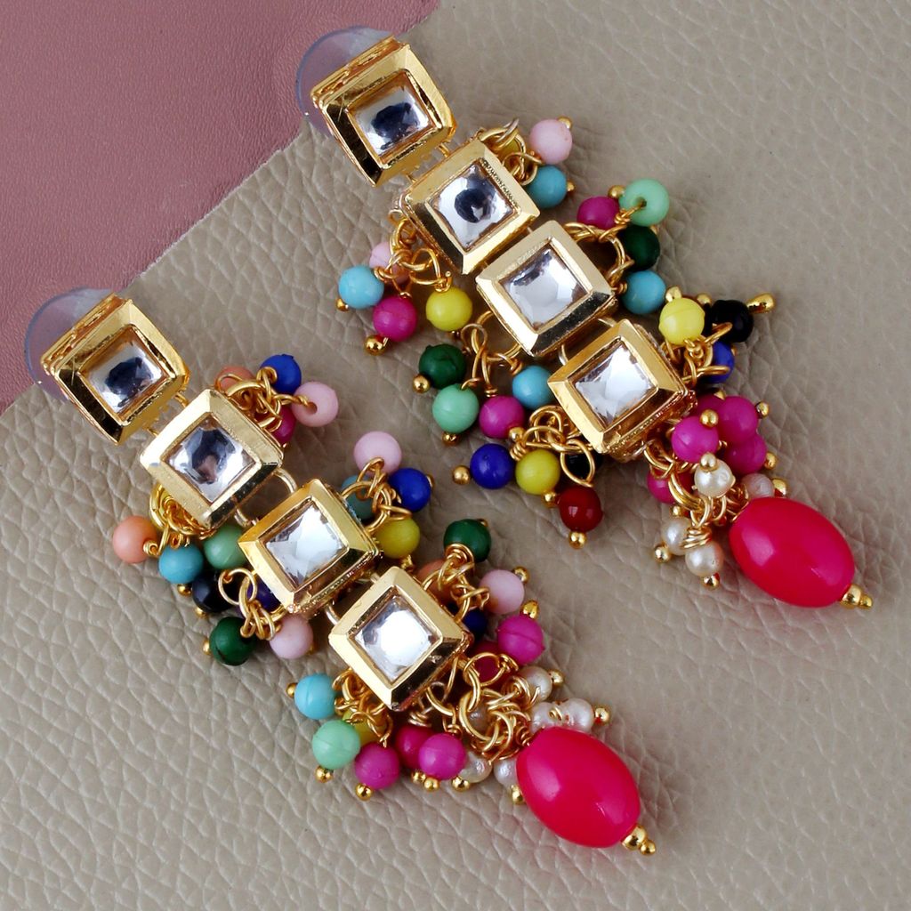 Lucky Jewellery Traditional Back Meenkari Gold Plated uncut kundan Multi Earrings (195-J5EK-1664-MT)