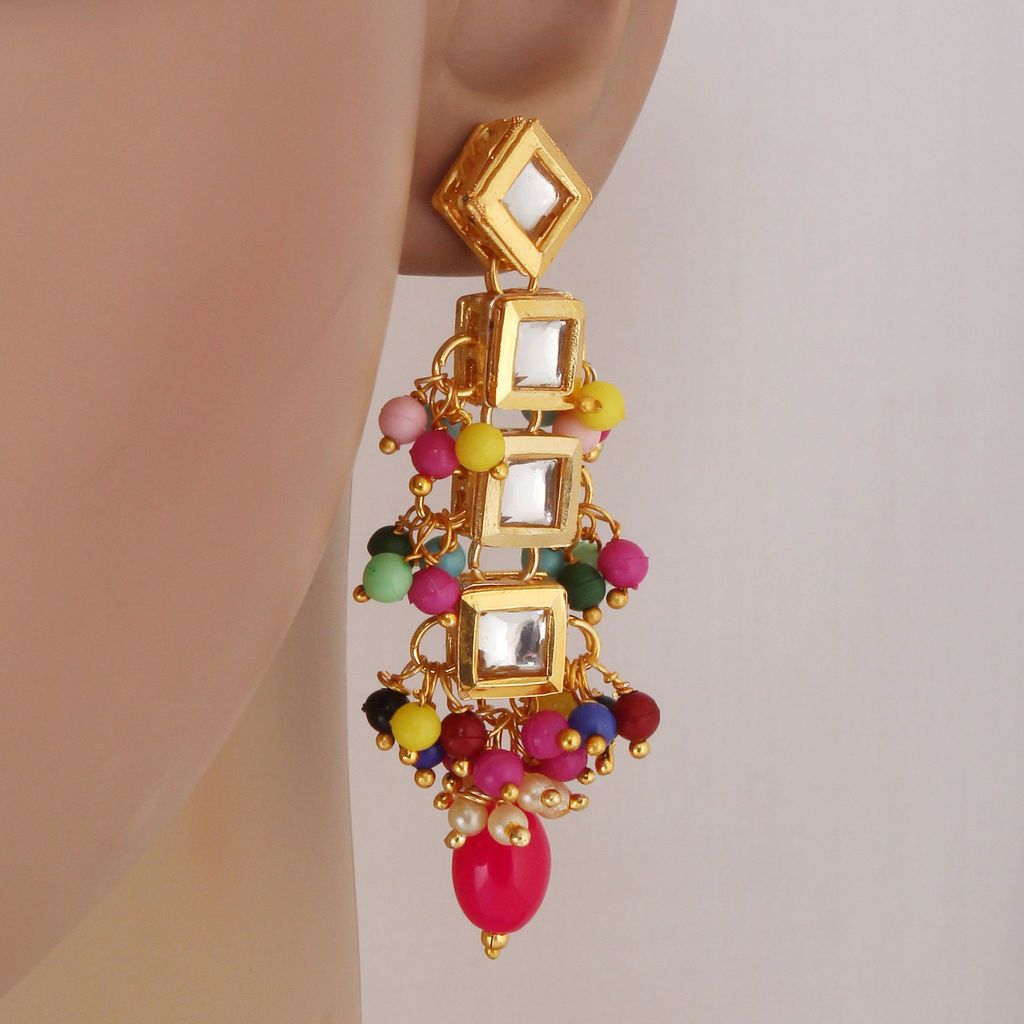 Lucky Jewellery Traditional Back Meenkari Gold Plated uncut kundan Multi Earrings (195-J5EK-1664-MT)
