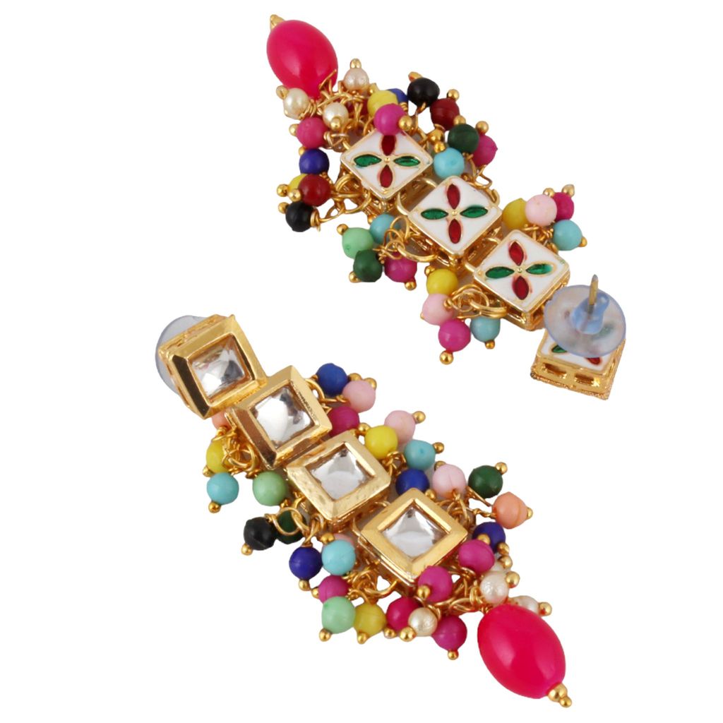 Lucky Jewellery Traditional Back Meenkari Gold Plated uncut kundan Multi Earrings (195-J5EK-1664-MT)