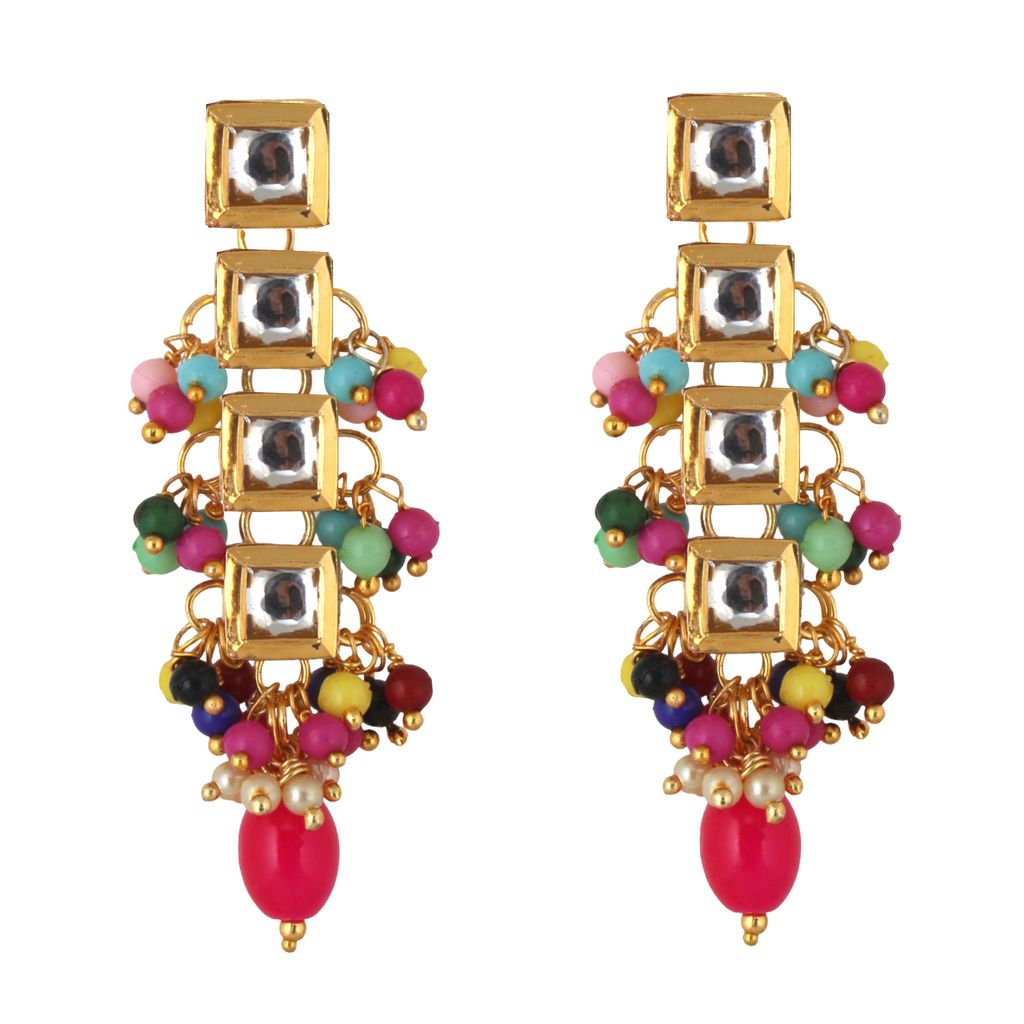 Lucky Jewellery Traditional Back Meenkari Gold Plated uncut kundan Multi Earrings (195-J5EK-1664-MT)