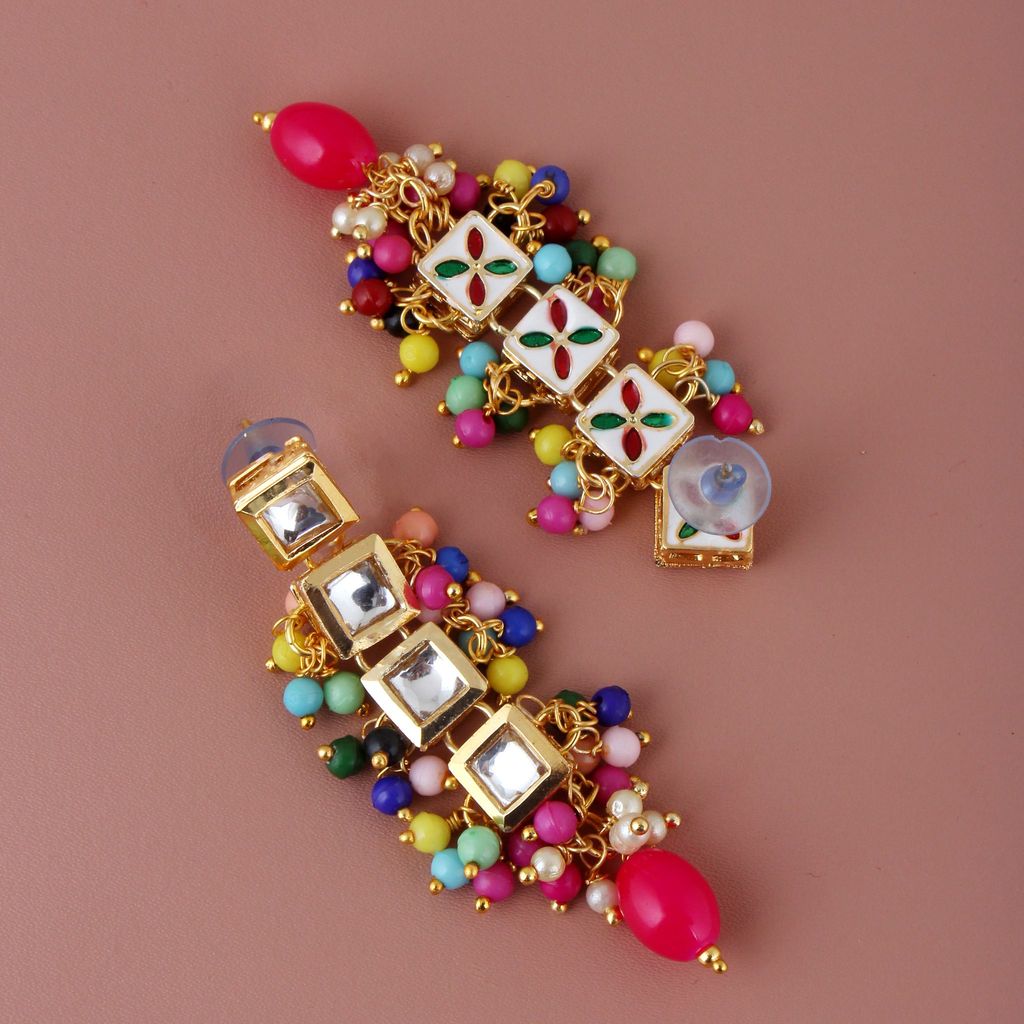 Lucky Jewellery Traditional Back Meenkari Gold Plated uncut kundan Multi Earrings (195-J5EK-1664-MT)