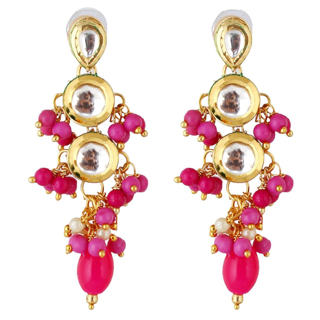 Lucky Jewellery Traditional Back Meenkari Gold Plated uncut kundan Magenta Earrings (193-J5EK-1810-R)