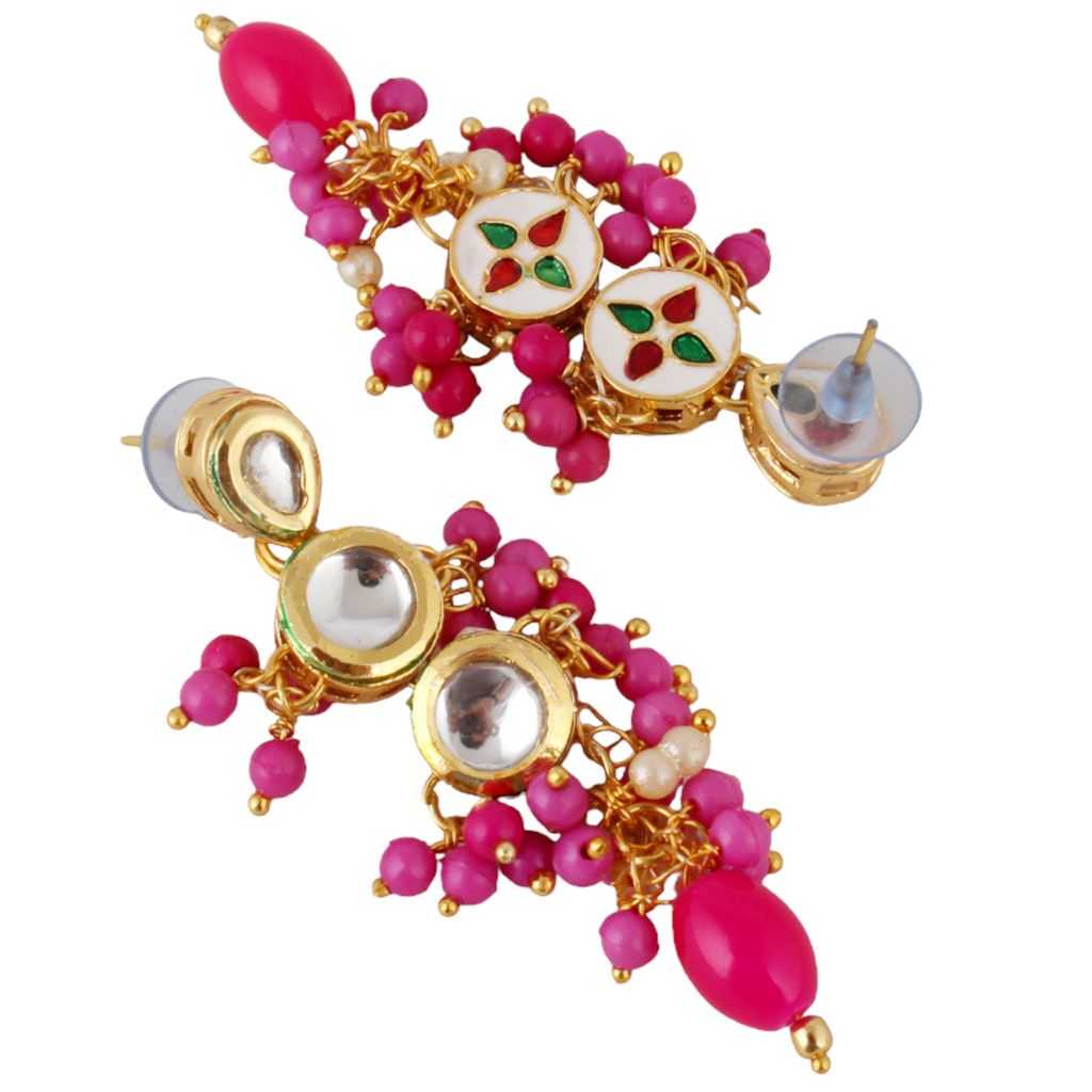 Lucky Jewellery Traditional Back Meenkari Gold Plated uncut kundan Magenta Earrings (193-J5EK-1810-R)