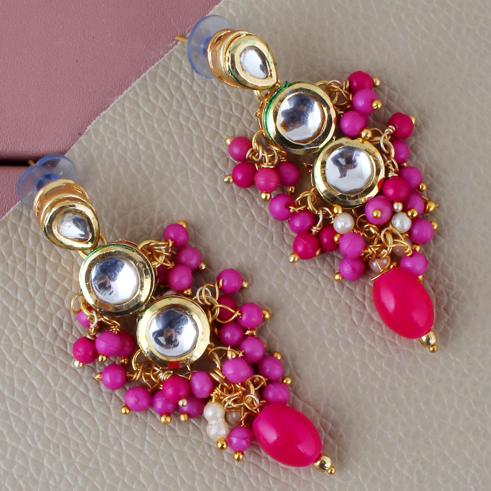 Lucky Jewellery Traditional Back Meenkari Gold Plated uncut kundan Magenta Earrings (193-J5EK-1810-R)