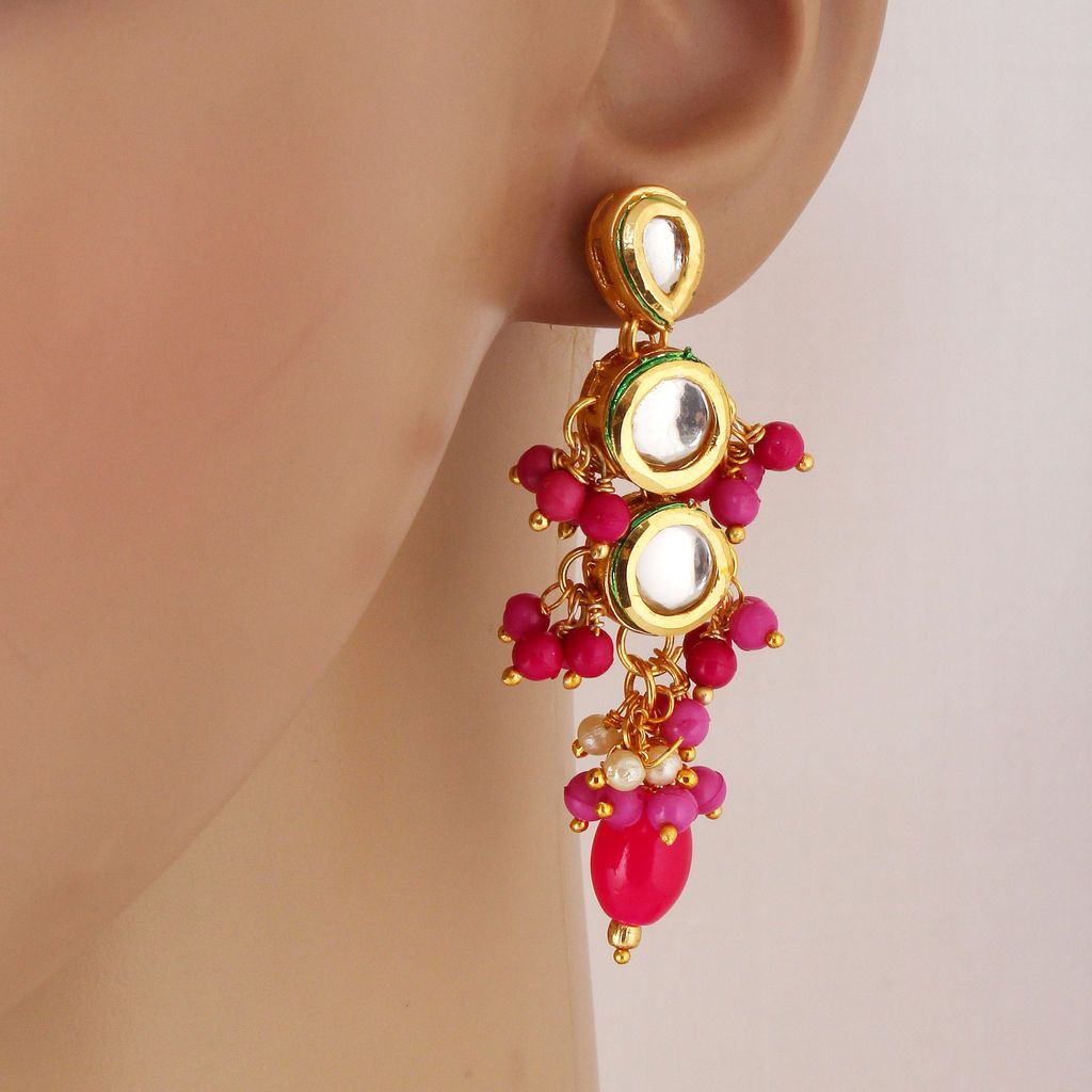 Lucky Jewellery Traditional Back Meenkari Gold Plated uncut kundan Magenta Earrings (193-J5EK-1810-R)