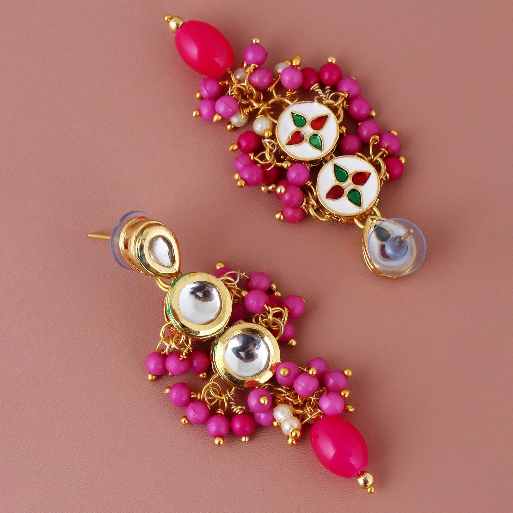 Lucky Jewellery Traditional Back Meenkari Gold Plated uncut kundan Magenta Earrings (193-J5EK-1810-R)