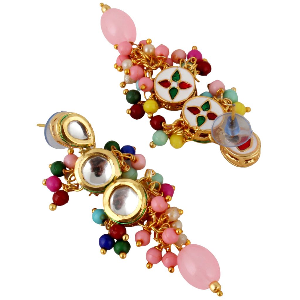 Lucky Jewellery Traditional Back Meenkari Gold Plated uncut kundan Multi Earrings (193-J5EK-1810-MT)