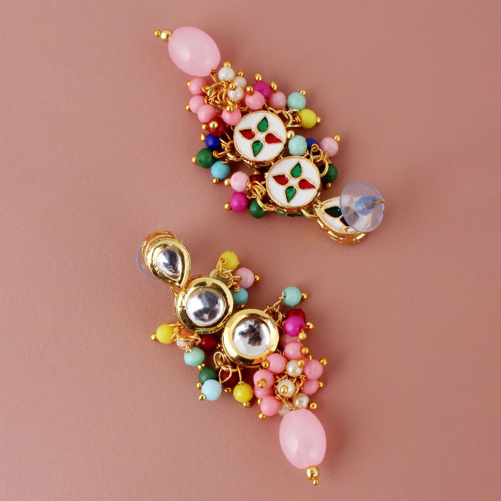 Lucky Jewellery Traditional Back Meenkari Gold Plated uncut kundan Multi Earrings (193-J5EK-1810-MT)