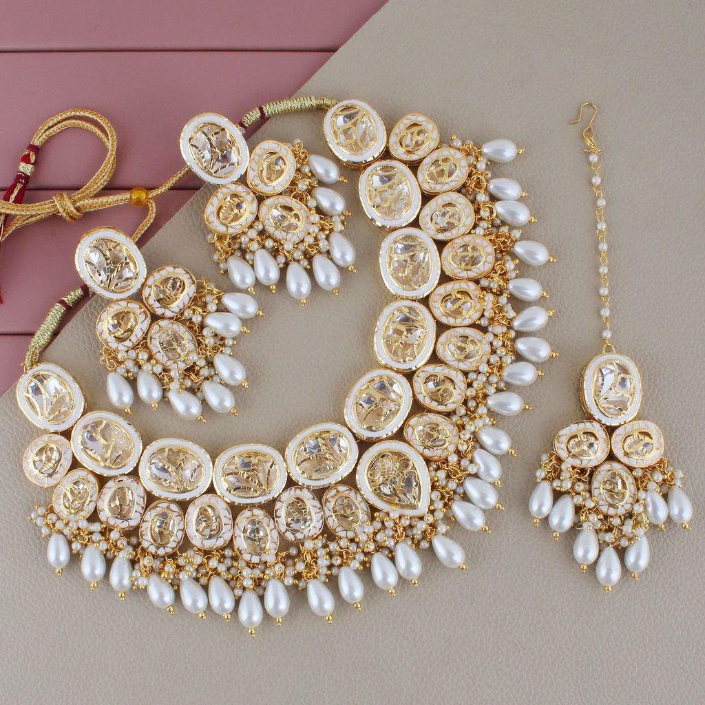 LUCKY JEWELLERY Back Meenakari 18k Gold Plated White Color Tika Earring Combo Uncut Big Faux Kundan Choker Necklace set (2185-J5SK-1815-W)
