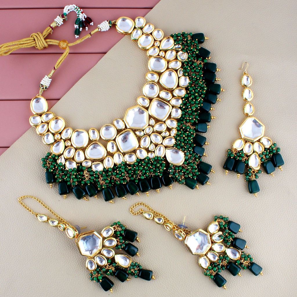 LUCKY JEWELLERY Back Meenakari 18k Gold Plated Green Color Tika Earring Combo Uncut Big Faux Kundan Choker Necklace set (5910-M4SK-1574-G) - Jewellery Sets | Buy online on ZillyBuy