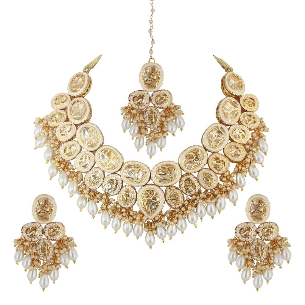 LUCKY JEWELLERY Back Meenakari 18k Gold Plated White Color Tika Earring Combo Uncut Big Faux Kundan Choker Necklace set (2185-J5SK-1815-W)