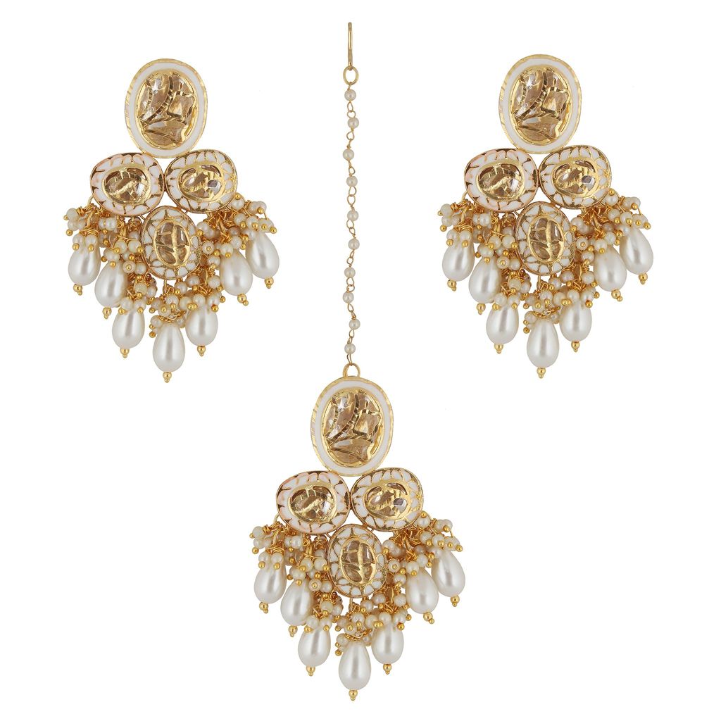 LUCKY JEWELLERY Back Meenakari 18k Gold Plated White Color Tika Earring Combo Uncut Big Faux Kundan Choker Necklace set (2185-J5SK-1815-W)