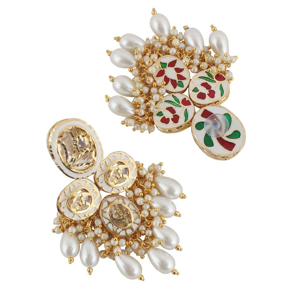 LUCKY JEWELLERY Back Meenakari 18k Gold Plated White Color Tika Earring Combo Uncut Big Faux Kundan Choker Necklace set (2185-J5SK-1815-W)