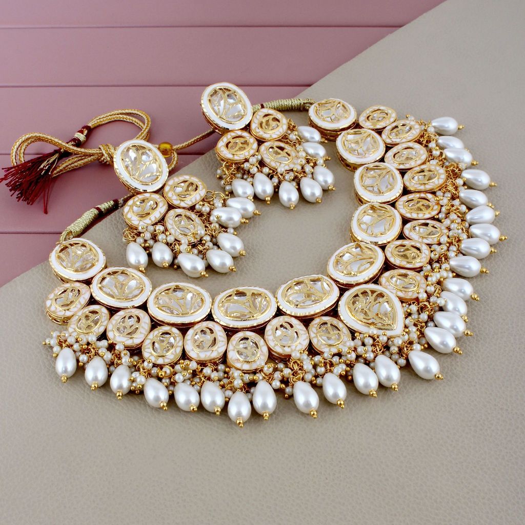 LUCKY JEWELLERY Back Meenakari 18k Gold Plated White Color Tika Earring Combo Uncut Big Faux Kundan Choker Necklace set (2185-J5SK-1815-W)