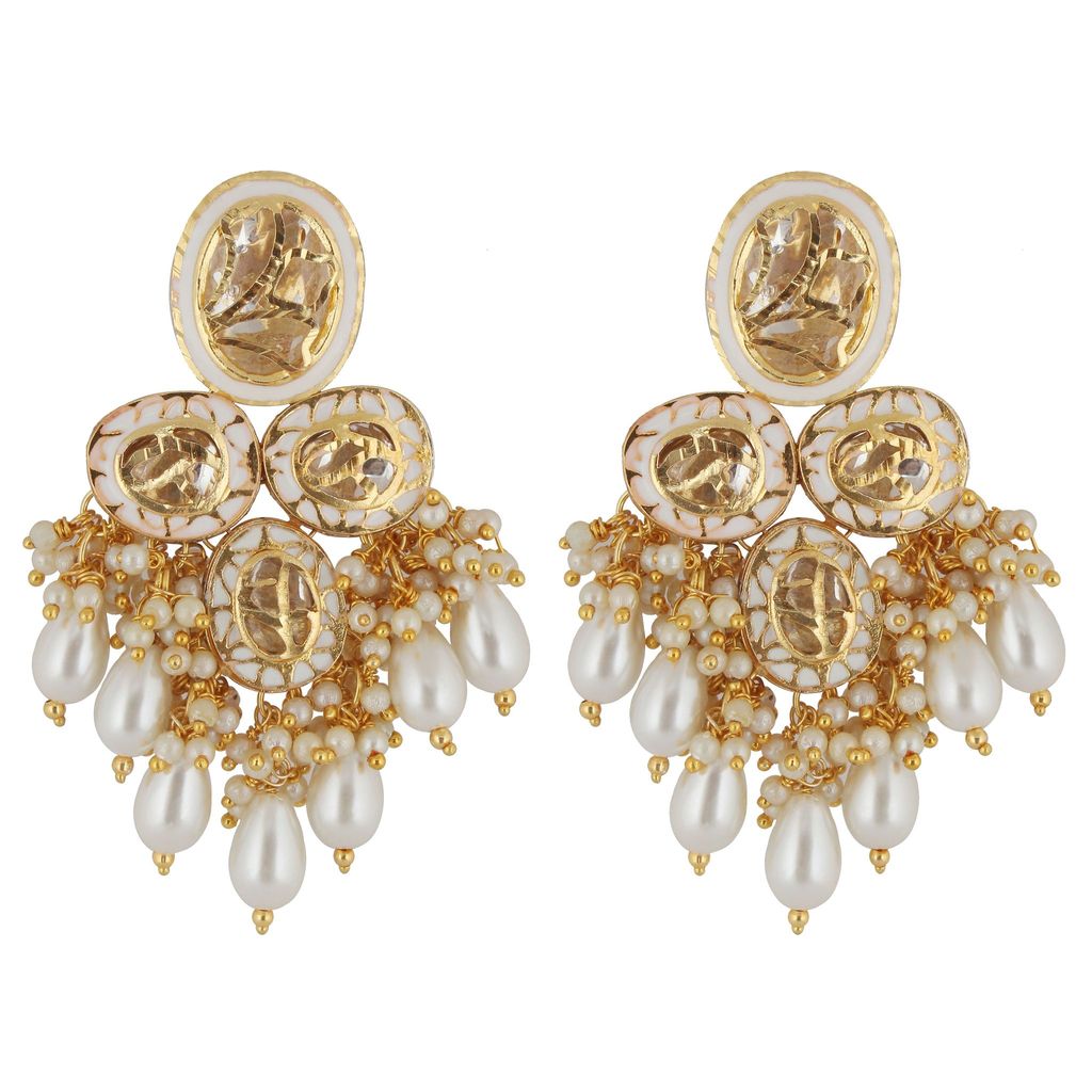 LUCKY JEWELLERY Back Meenakari 18k Gold Plated White Color Tika Earring Combo Uncut Big Faux Kundan Choker Necklace set (2185-J5SK-1815-W)