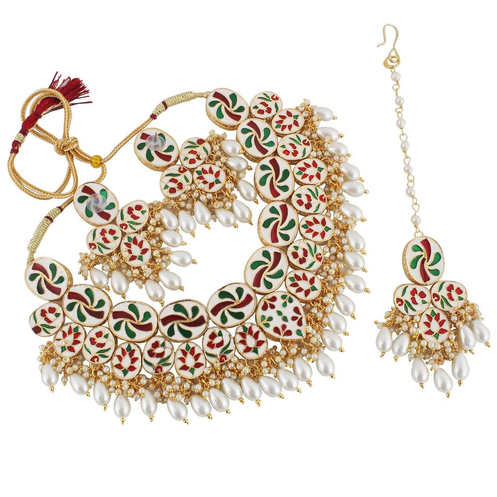 LUCKY JEWELLERY Back Meenakari 18k Gold Plated White Color Tika Earring Combo Uncut Big Faux Kundan Choker Necklace set (2185-J5SK-1815-W)