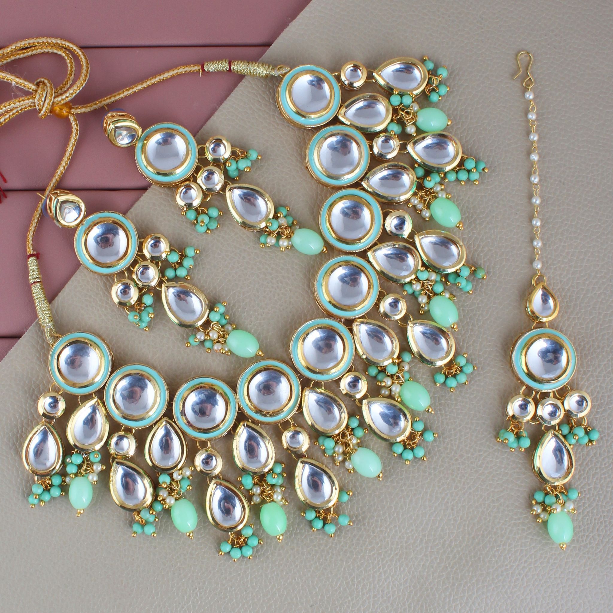 LUCKY JEWELLERY Back Meenakari 18k Gold Plated Mint Color Tika Earring Combo Uncut Big Faux Kundan Choker Necklace set (1700-J5SK-1839-MNT)