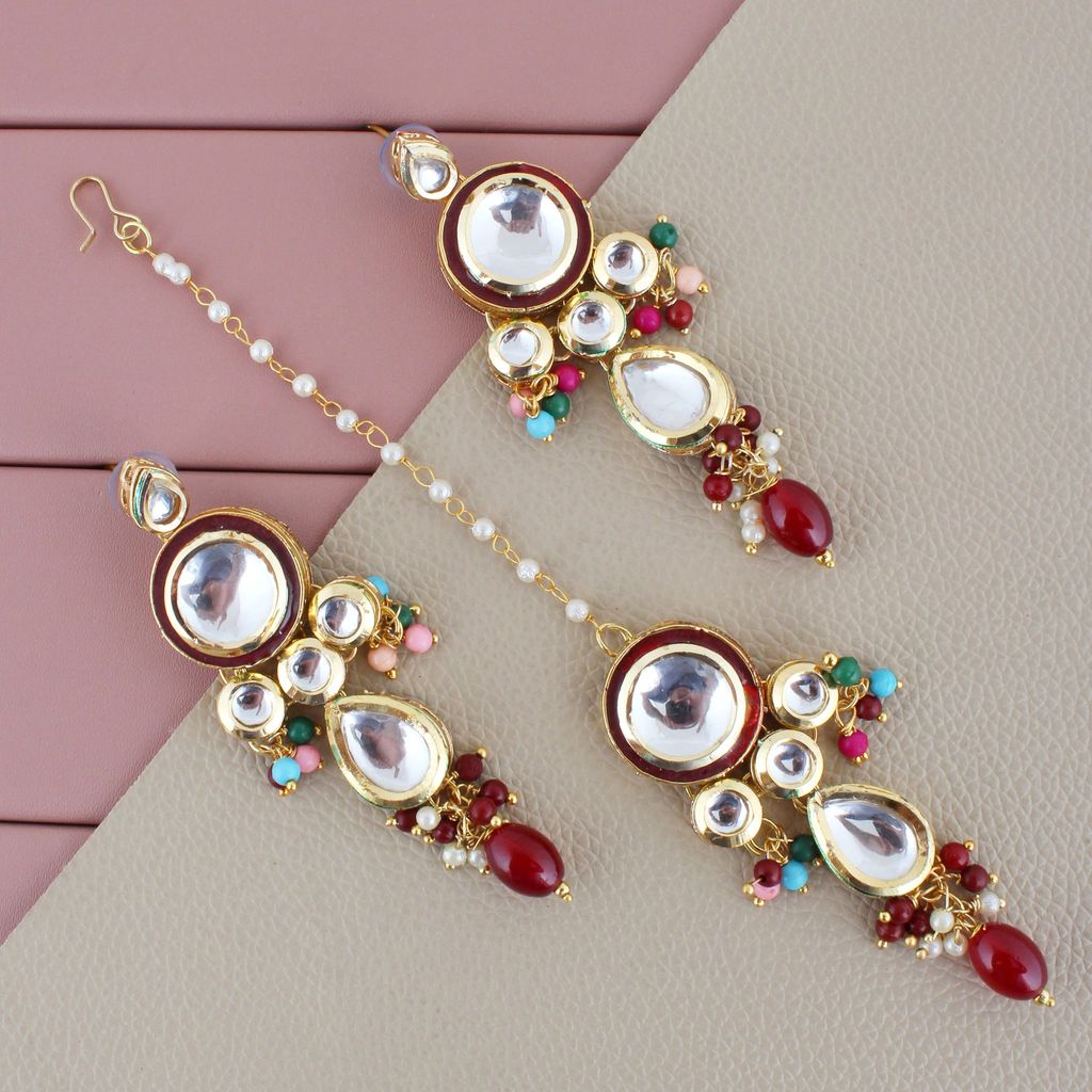 LUCKY JEWELLERY Back Meenakari 18k Gold Plated Multi Color Tika Earring Combo Uncut Big Faux Kundan Choker Necklace set (1700-J5SK-1839-MT)