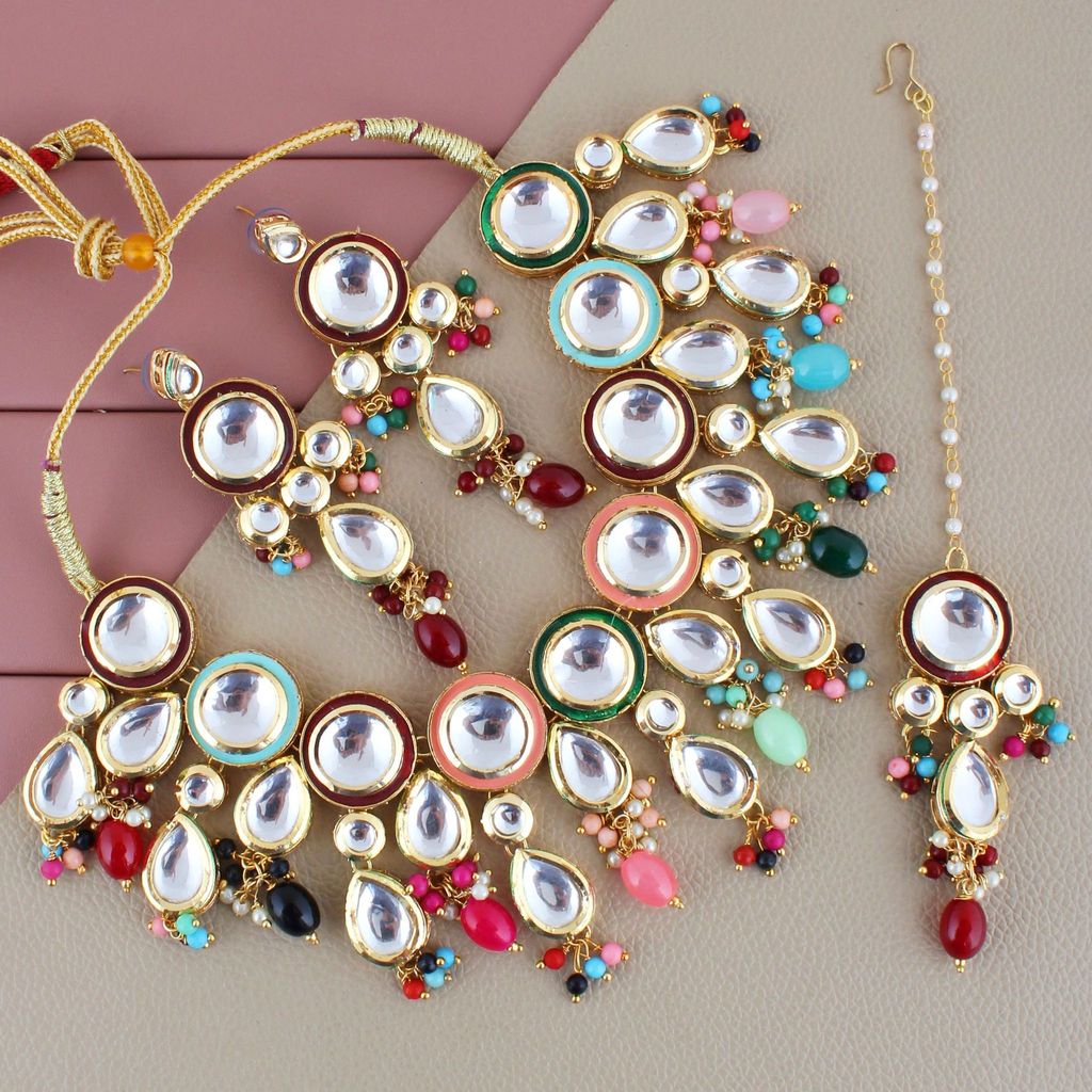 LUCKY JEWELLERY Back Meenakari 18k Gold Plated Multi Color Tika Earring Combo Uncut Big Faux Kundan Choker Necklace set (1700-J5SK-1839-MT)