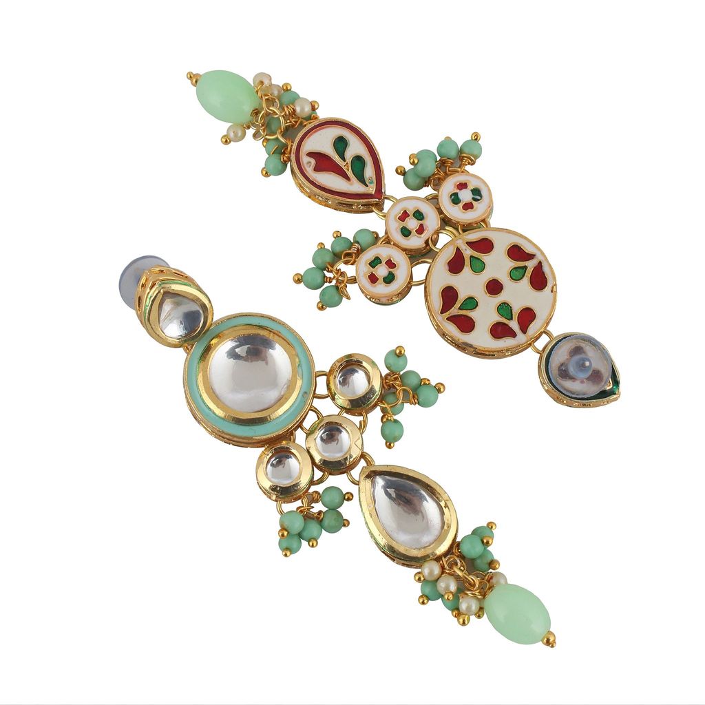 LUCKY JEWELLERY Back Meenakari 18k Gold Plated Mint Color Tika Earring Combo Uncut Big Faux Kundan Choker Necklace set (1700-J5SK-1839-MNT)