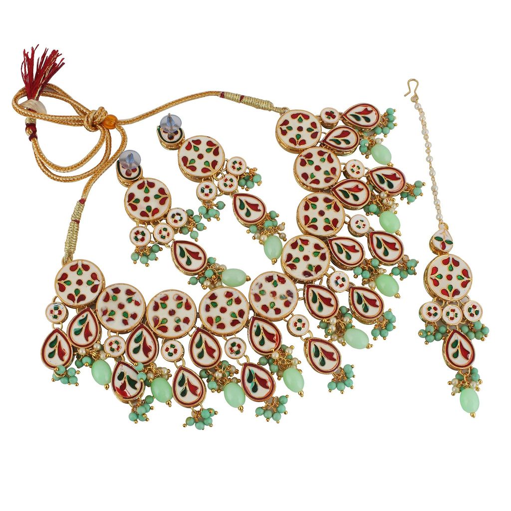 LUCKY JEWELLERY Back Meenakari 18k Gold Plated Mint Color Tika Earring Combo Uncut Big Faux Kundan Choker Necklace set (1700-J5SK-1839-MNT)
