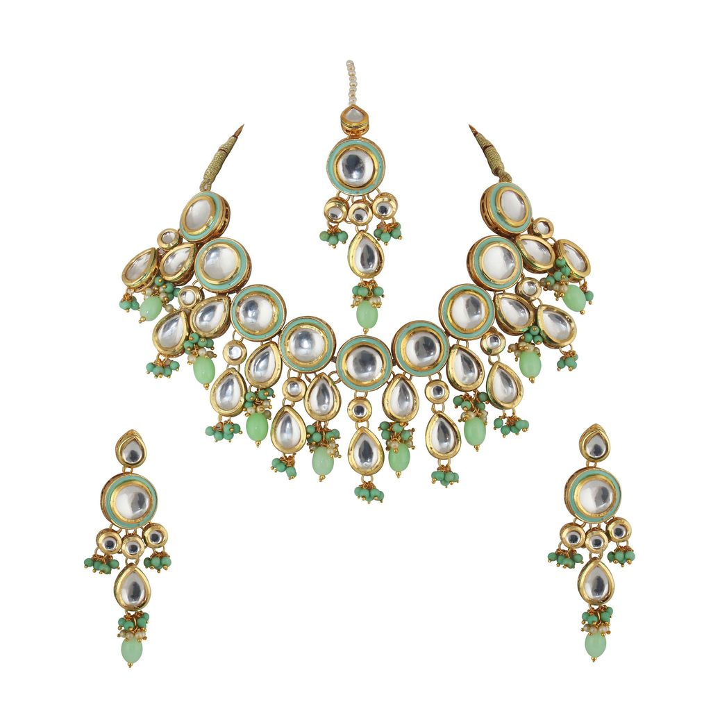 LUCKY JEWELLERY Back Meenakari 18k Gold Plated Mint Color Tika Earring Combo Uncut Big Faux Kundan Choker Necklace set (1700-J5SK-1839-MNT)