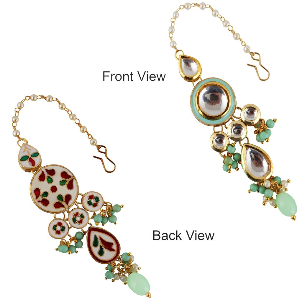 LUCKY JEWELLERY Back Meenakari 18k Gold Plated Mint Color Tika Earring Combo Uncut Big Faux Kundan Choker Necklace set (1700-J5SK-1839-MNT)