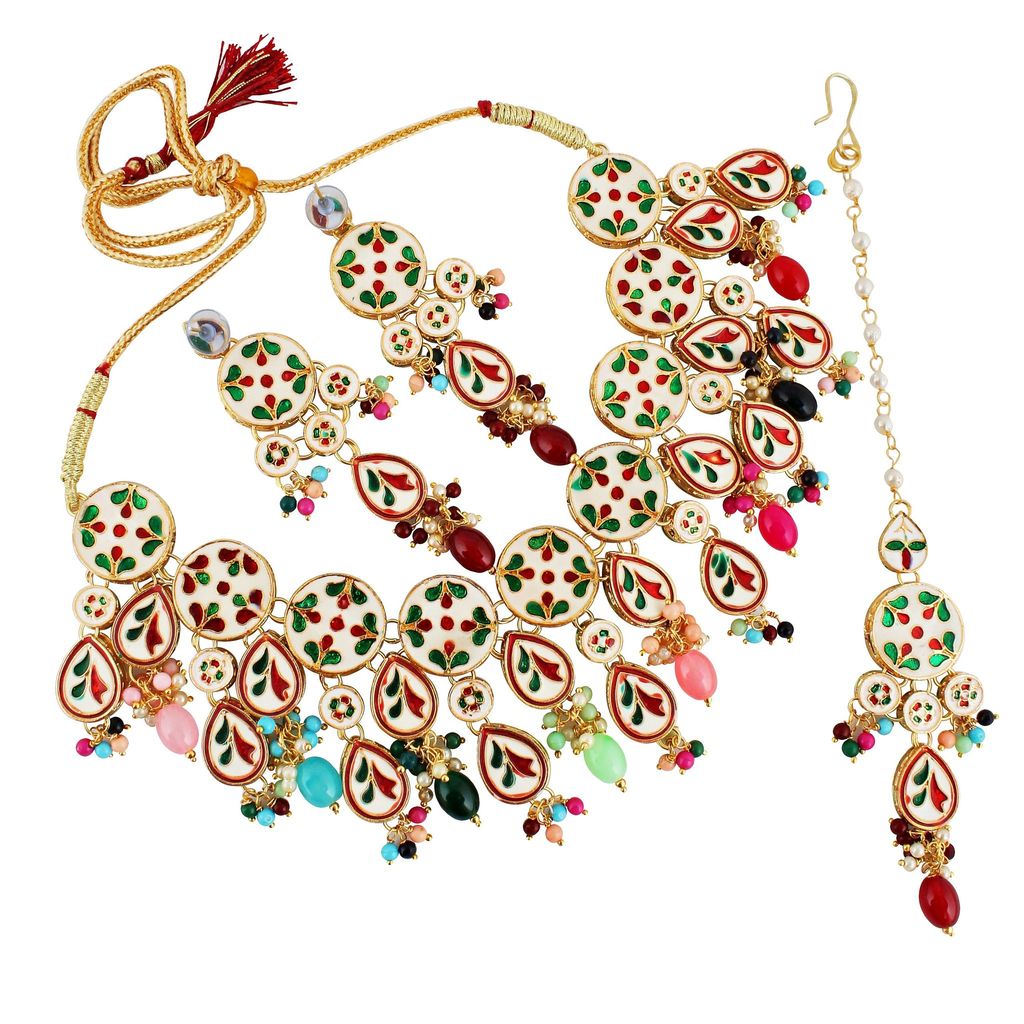 LUCKY JEWELLERY Back Meenakari 18k Gold Plated Multi Color Tika Earring Combo Uncut Big Faux Kundan Choker Necklace set (1700-J5SK-1839-MT)