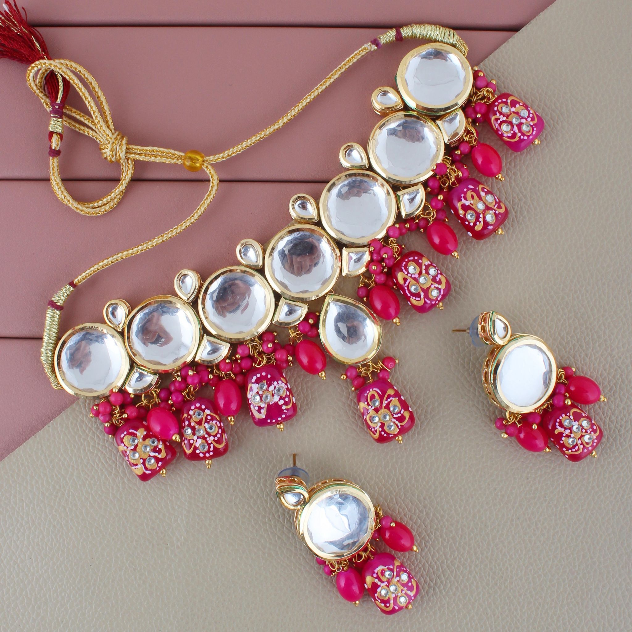 LUCKY JEWELLERY Back Meenakari 18k Gold Plated Magenta Color Earring Combo Uncut Big Faux Kundan Choker Necklace set (1565-J5SK-1630-R)