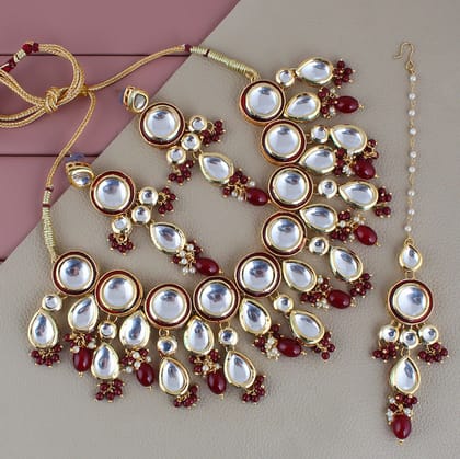 LUCKY JEWELLERY Back Meenakari 18k Gold Plated Maroon Color Tika Earring Combo Uncut Big Faux Kundan Choker Necklace set (1700-J5SK-1839-M)