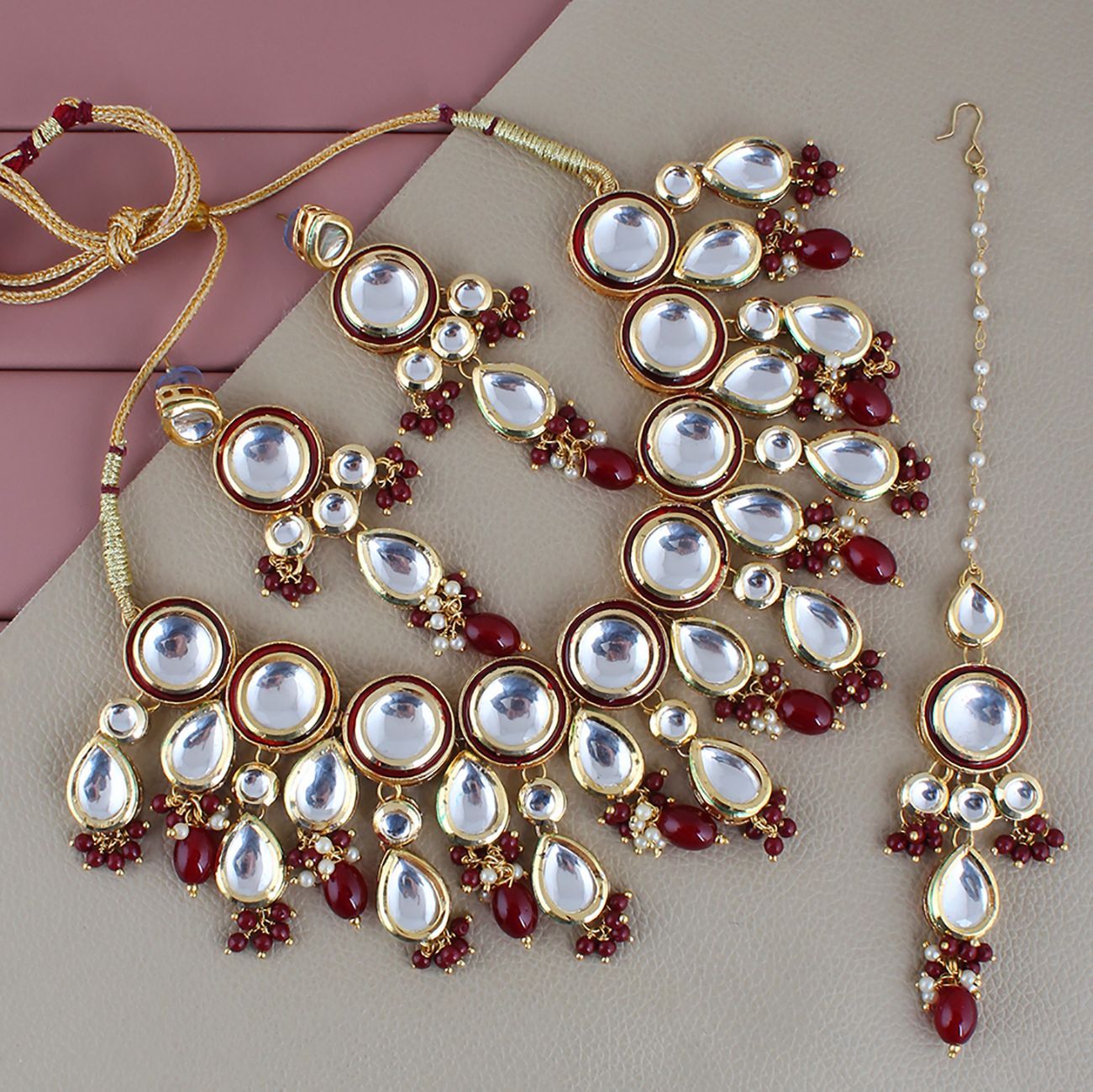 LUCKY JEWELLERY Back Meenakari 18k Gold Plated Maroon Color Tika Earring Combo Uncut Big Faux Kundan Choker Necklace set (1700-J5SK-1839-M)