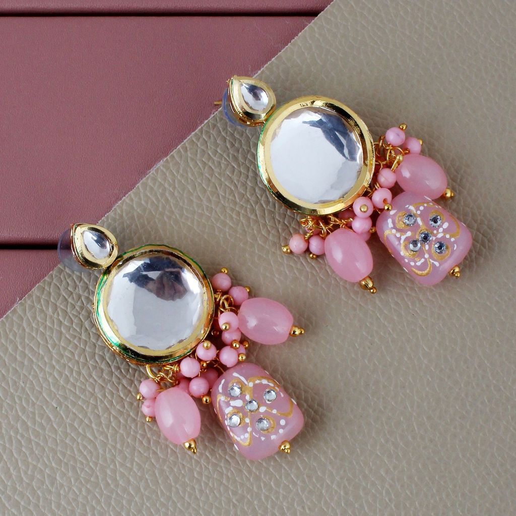 LUCKY JEWELLERY Back Meenakari 18k Gold Plated Pink Color Earring Combo Uncut Big Faux Kundan Choker Necklace set (1565-J5SK-1630-PK)