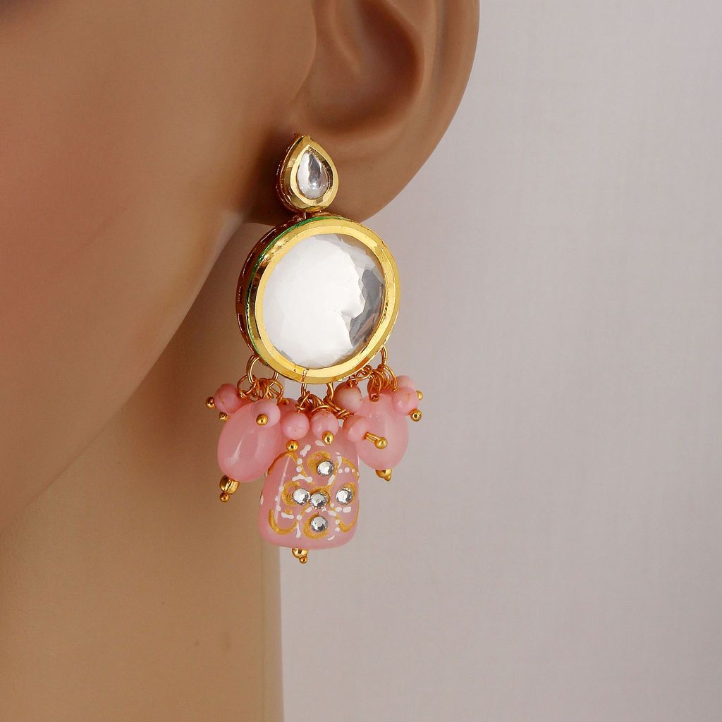 LUCKY JEWELLERY Back Meenakari 18k Gold Plated Pink Color Earring Combo Uncut Big Faux Kundan Choker Necklace set (1565-J5SK-1630-PK)