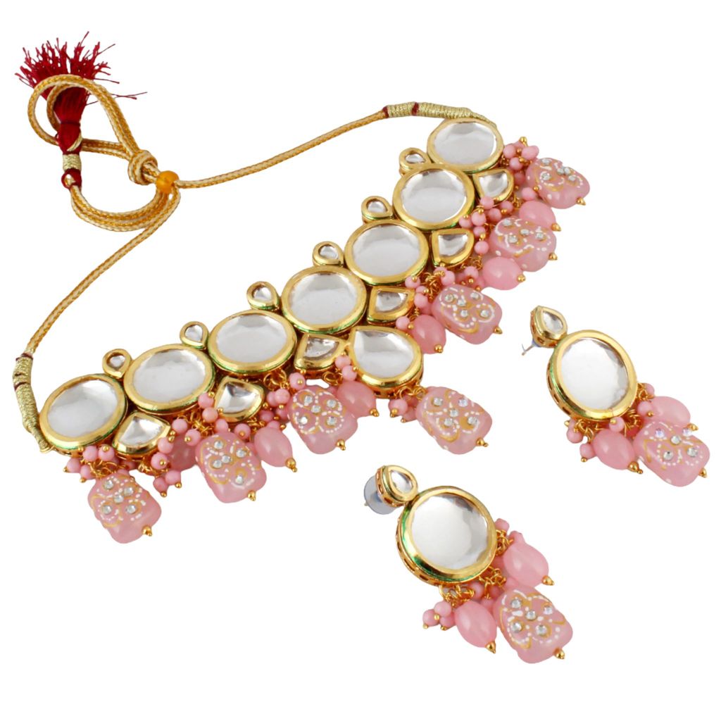 LUCKY JEWELLERY Back Meenakari 18k Gold Plated Pink Color Earring Combo Uncut Big Faux Kundan Choker Necklace set (1565-J5SK-1630-PK)