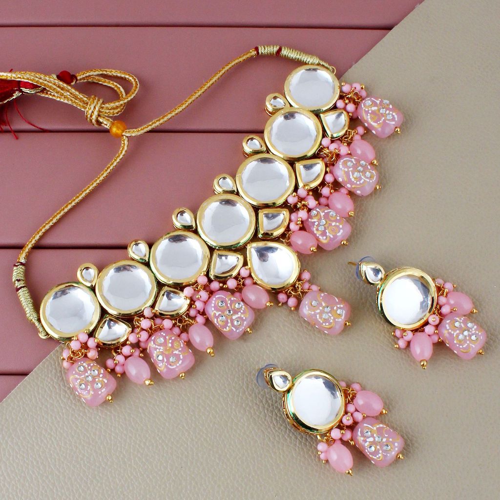LUCKY JEWELLERY Back Meenakari 18k Gold Plated Pink Color Earring Combo Uncut Big Faux Kundan Choker Necklace set (1565-J5SK-1630-PK)