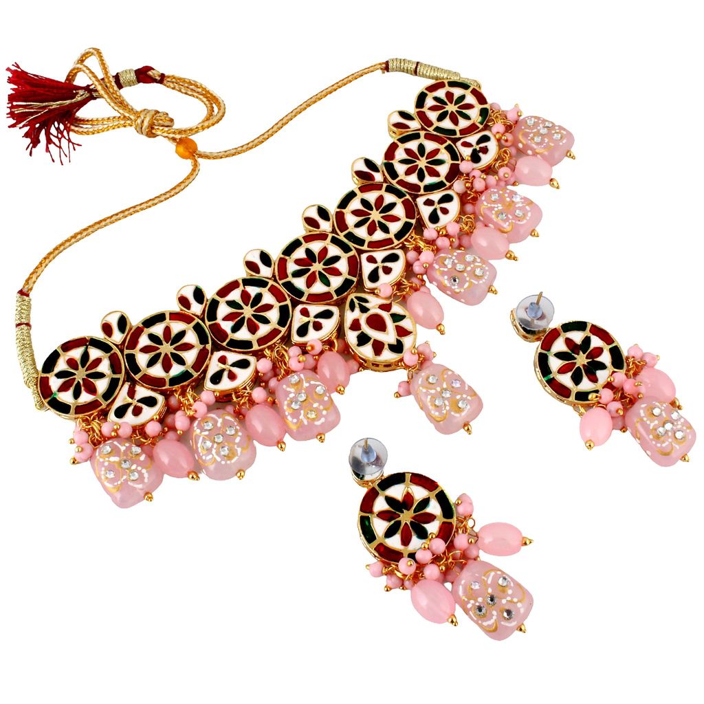LUCKY JEWELLERY Back Meenakari 18k Gold Plated Pink Color Earring Combo Uncut Big Faux Kundan Choker Necklace set (1565-J5SK-1630-PK)