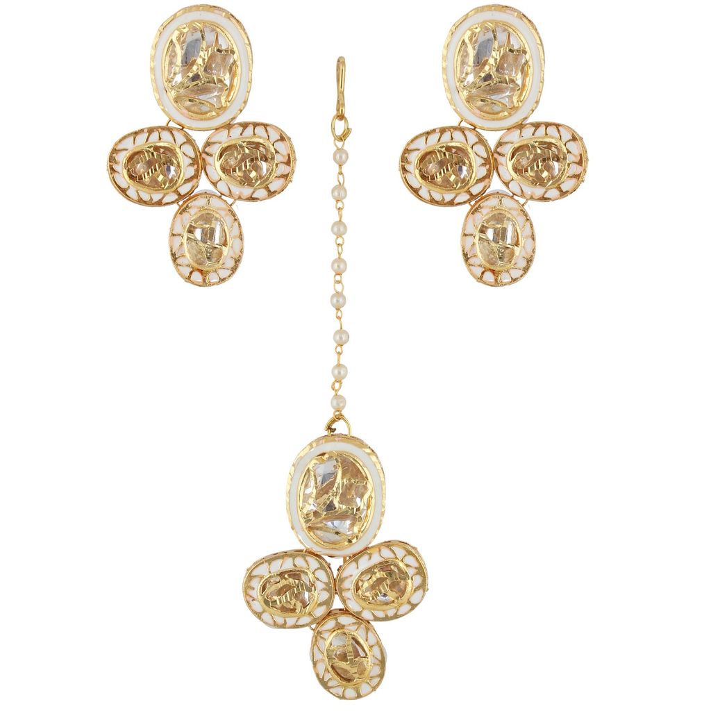 LUCKY JEWELLERY Back Meenakari 18k Gold Plated White Color Tika Earring Combo Uncut Big Faux Kundan Choker Necklace set (1485-J5SK-1815-W)