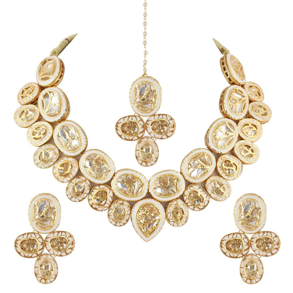 LUCKY JEWELLERY Back Meenakari 18k Gold Plated White Color Tika Earring Combo Uncut Big Faux Kundan Choker Necklace set (1485-J5SK-1815-W)