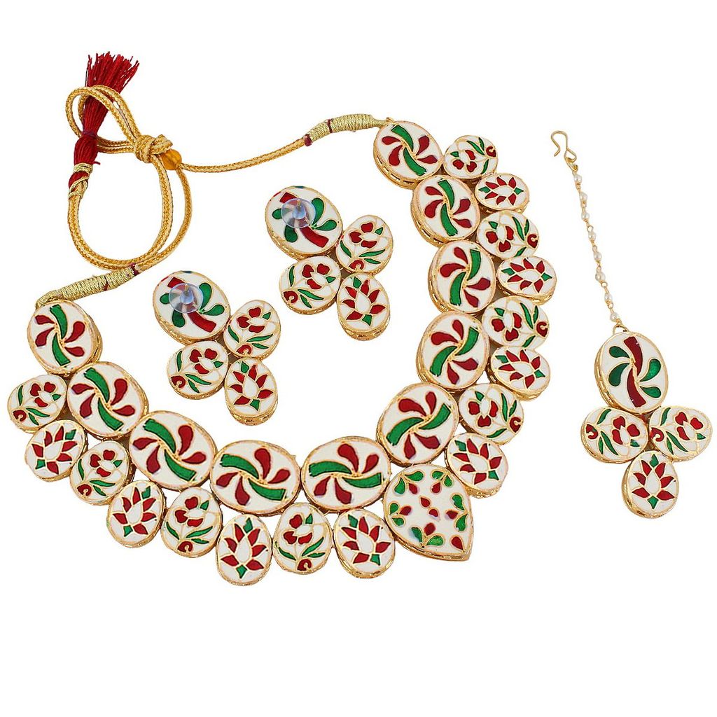 LUCKY JEWELLERY Back Meenakari 18k Gold Plated White Color Tika Earring Combo Uncut Big Faux Kundan Choker Necklace set (1485-J5SK-1815-W)