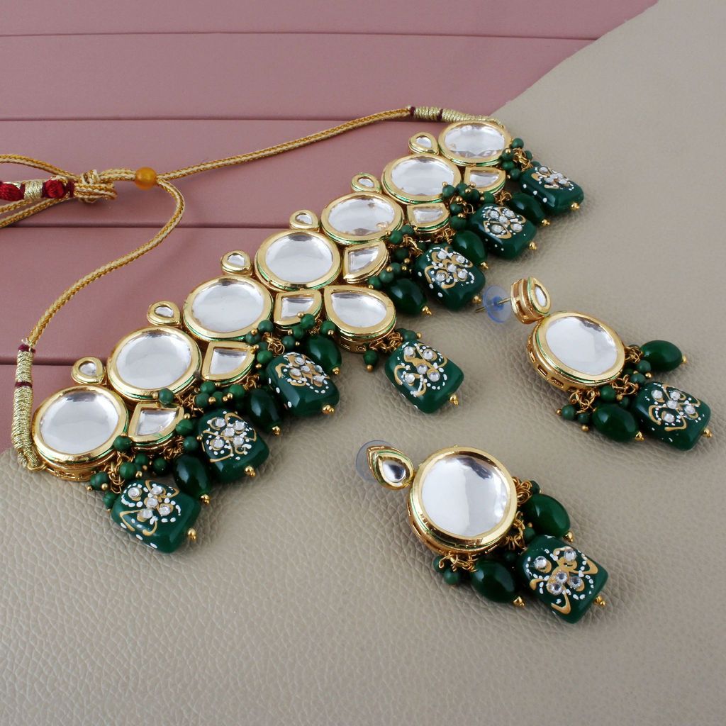 LUCKY JEWELLERY Back Meenakari 18k Gold Plated Green Color Earring Combo Uncut Big Faux Kundan Choker Necklace set (1565-J5SK-1630-G)