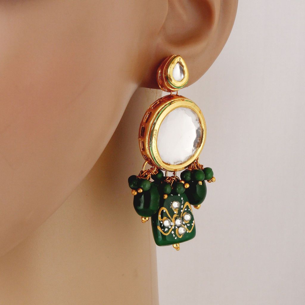 LUCKY JEWELLERY Back Meenakari 18k Gold Plated Green Color Earring Combo Uncut Big Faux Kundan Choker Necklace set (1565-J5SK-1630-G)